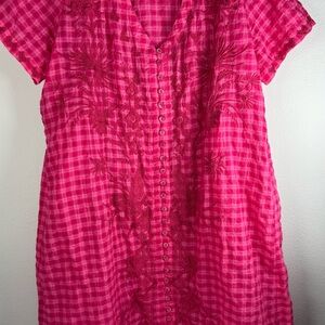 Johnny Was Pink Checkered Embroidered Midi Dress